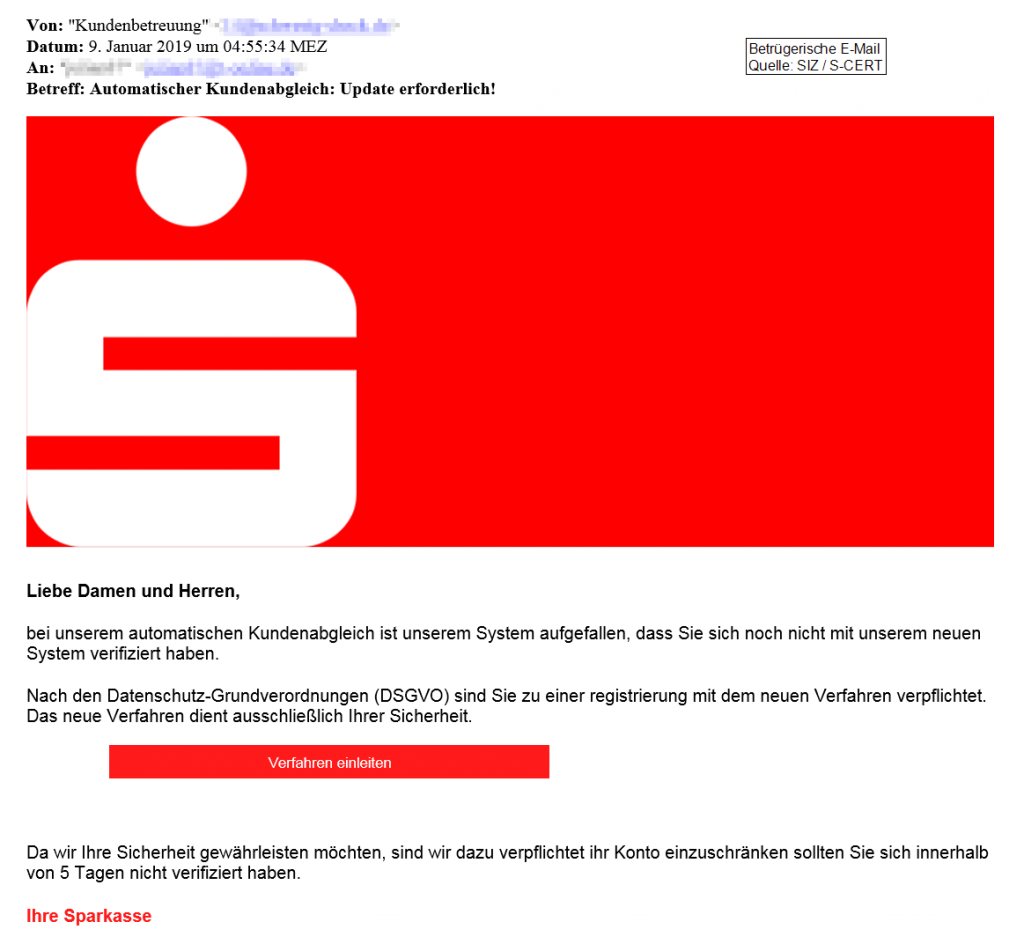Beispiel Phishing-Mail Sparkasse